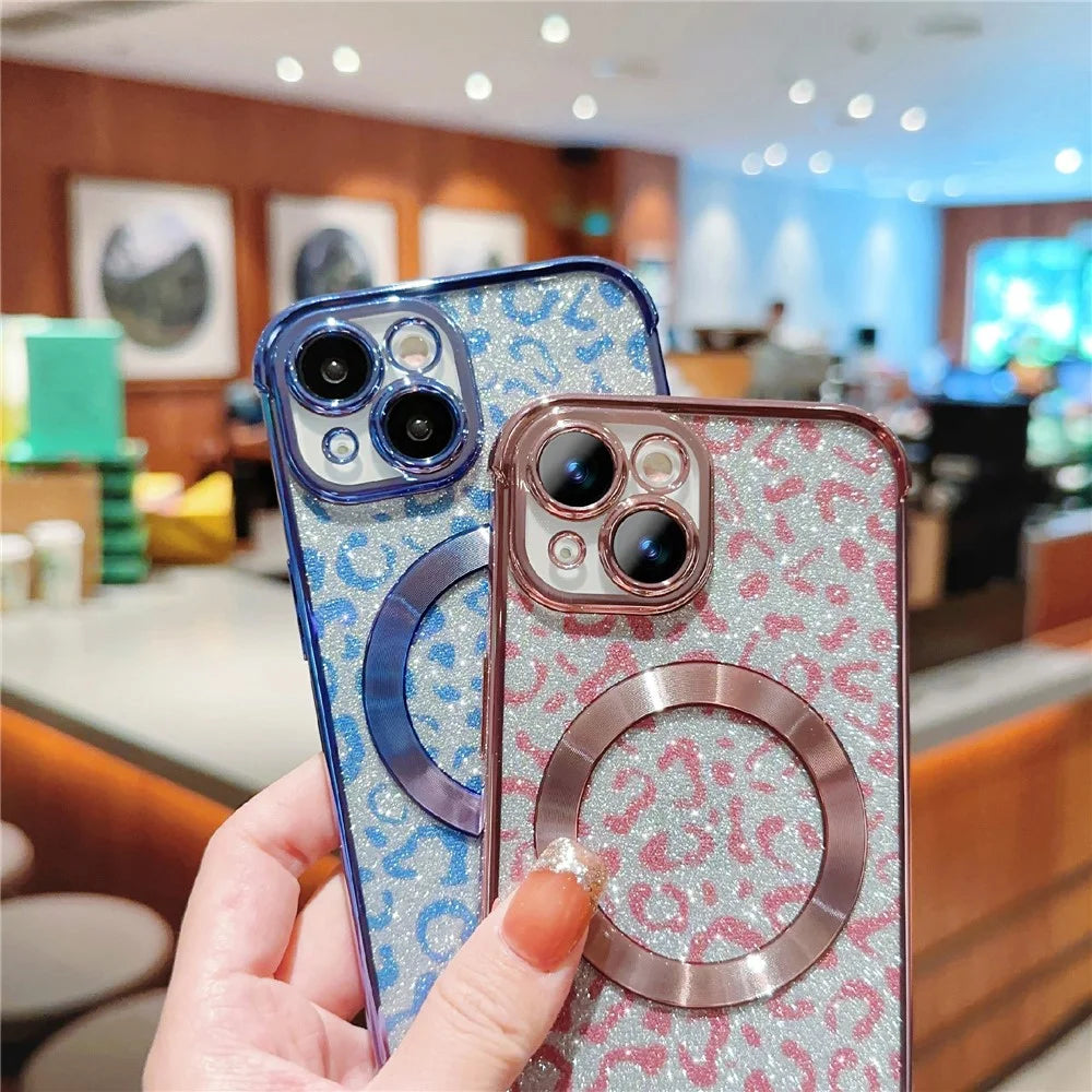 For iPhone 15 Case Compatible with MagSafe Bling Glitter Leopard Print TPU Clear Phone Cover - Rose Pink - 6