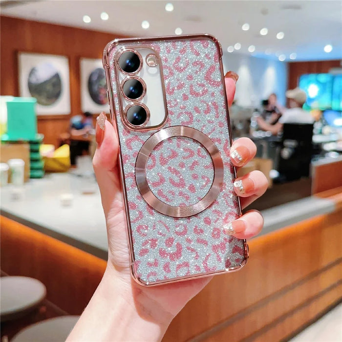 For Samsung Galaxy S23 Magnetic Case Glitter Leopard Print TPU Electroplating Phone Cover - Rose Pink - 1