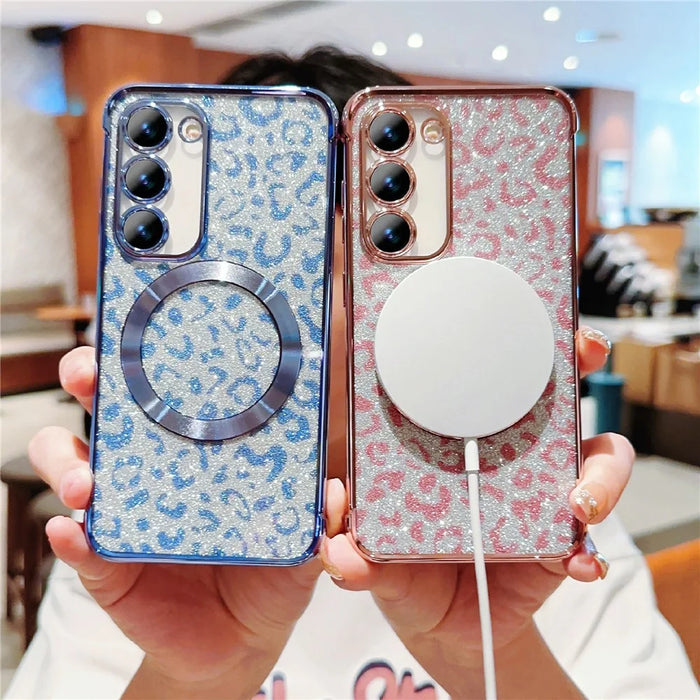 For Samsung Galaxy S23 Magnetic Case Glitter Leopard Print TPU Electroplating Phone Cover - Rose Pink - 3