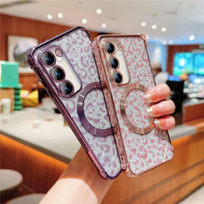 For Samsung Galaxy S23 Magnetic Case Glitter Leopard Print TPU Electroplating Phone Cover - Rose Pink - 4