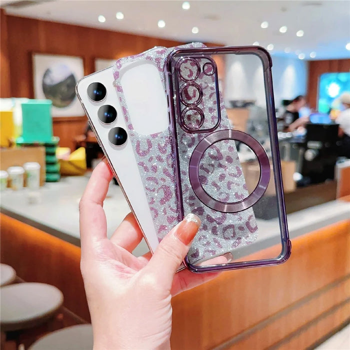 For Samsung Galaxy S23 Magnetic Case Glitter Leopard Print TPU Electroplating Phone Cover - Rose Pink - 5