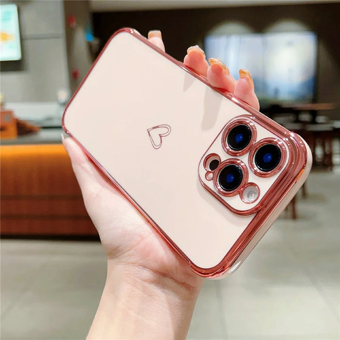 For iPhone 16 Pro Case Electroplating Soft TPU Phone Cover Hollow Love Heart - Pink - 3