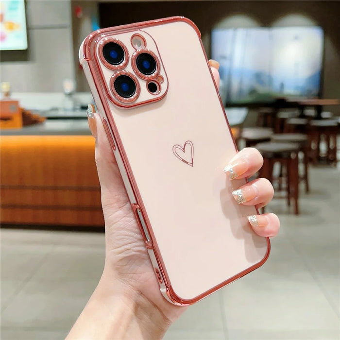 For iPhone 16 Pro Max Case Love Heart Pattern TPU Phone Cover Electroplating Edge - Pink - 1