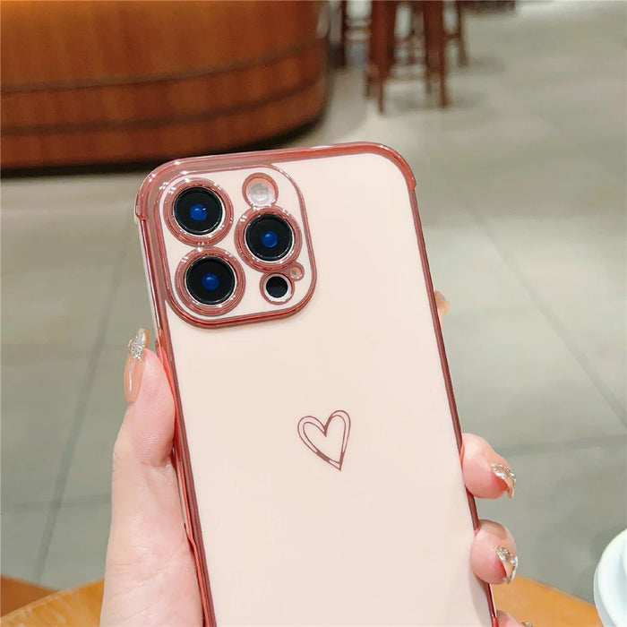 For iPhone 16 Pro Max Case Love Heart Pattern TPU Phone Cover Electroplating Edge - Pink - 5