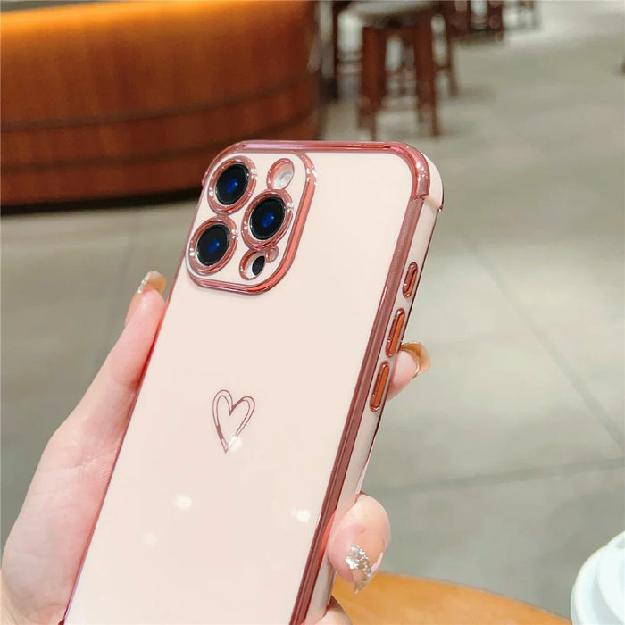 For iPhone 16 Pro Max Case Love Heart Pattern TPU Phone Cover Electroplating Edge - Pink - 6