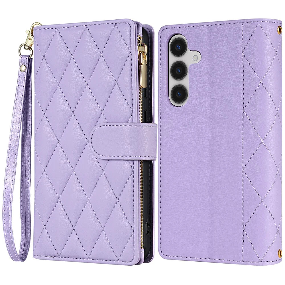 CSJ-P2 For Samsung Galaxy A14 5G / 4G Wallet Case with Straps Leather Phone Cover Rhombus Stitching - Light Purple - 1