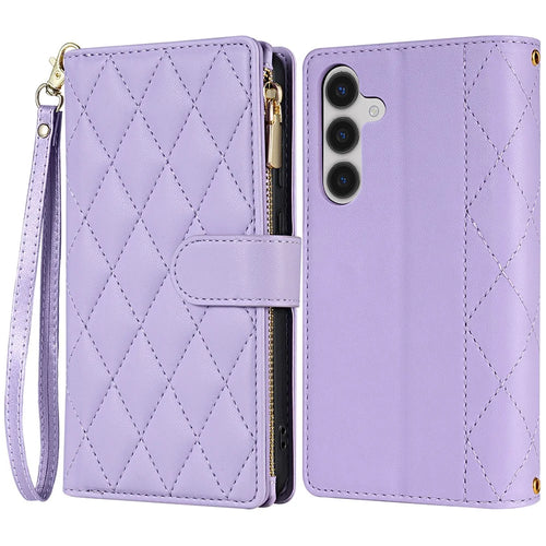 CSJ-P2 For Samsung Galaxy A14 5G / 4G Wallet Case with Straps Leather Phone Cover Rhombus Stitching - Light Purple - 1