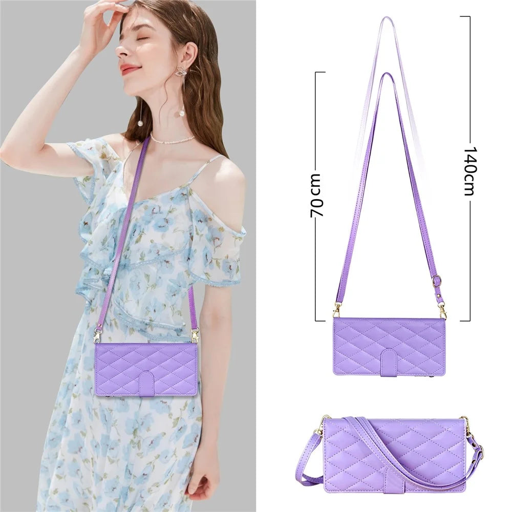 CSJ-P2 For Samsung Galaxy A14 5G / 4G Wallet Case with Straps Leather Phone Cover Rhombus Stitching - Light Purple - 7