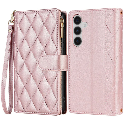 CSJ-P2 For Samsung Galaxy S24 FE Case Rhombus Stitching Leather Wallet Phone Cover with Straps - Rose Gold - 1