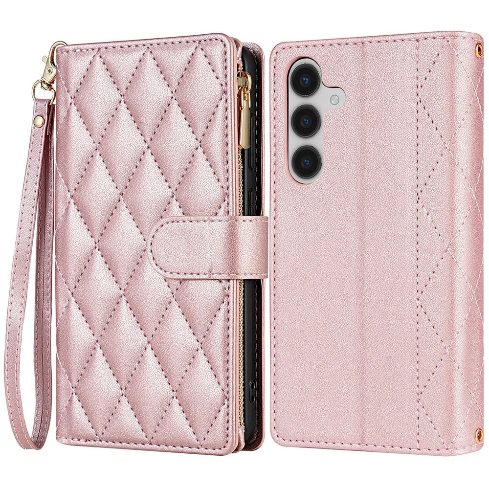 CSJ-P2 For Samsung Galaxy S24 FE Case Rhombus Stitching Leather Wallet Phone Cover with Straps - Rose Gold - 1