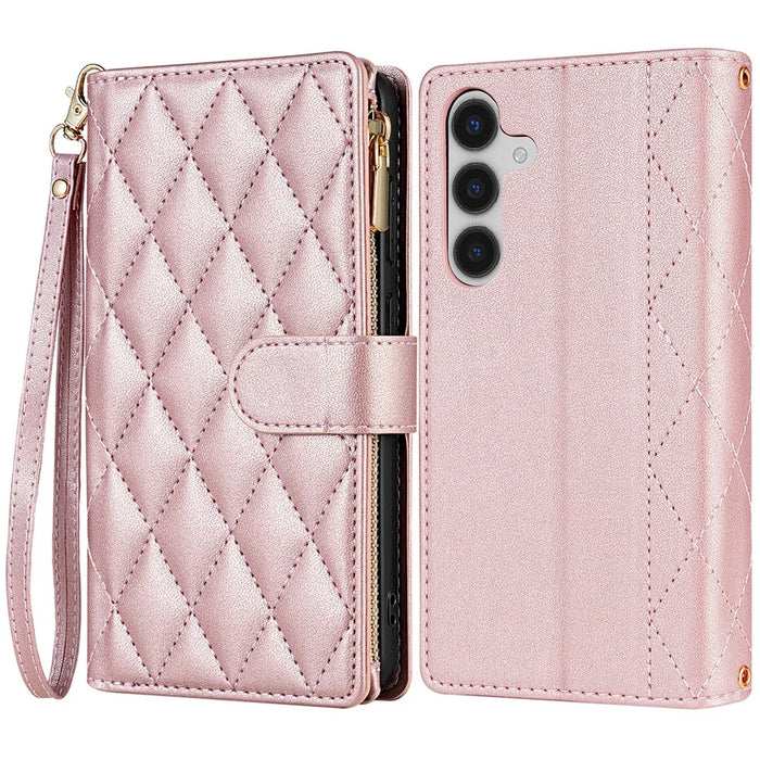 CSJ-P2 For Samsung Galaxy S24 FE Case Rhombus Stitching Leather Wallet Phone Cover with Straps - Rose Gold - 1