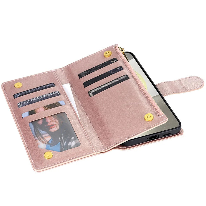 CSJ-P2 For Samsung Galaxy S24 FE Case Rhombus Stitching Leather Wallet Phone Cover with Straps - Rose Gold - 3