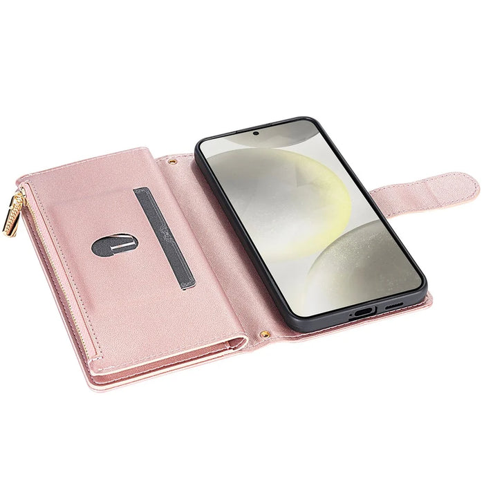 CSJ-P2 For Samsung Galaxy S24 FE Case Rhombus Stitching Leather Wallet Phone Cover with Straps - Rose Gold - 4