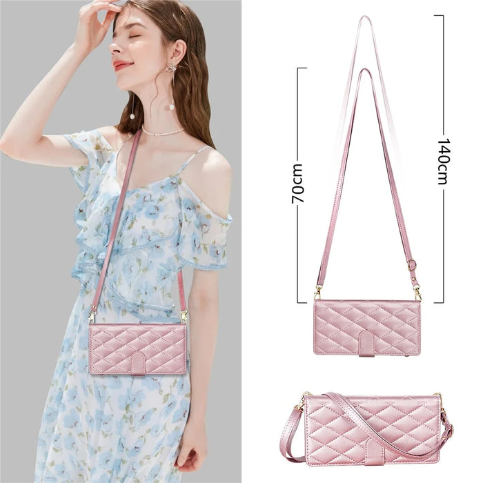 CSJ-P2 For Samsung Galaxy S24 FE Case Rhombus Stitching Leather Wallet Phone Cover with Straps - Rose Gold - 7