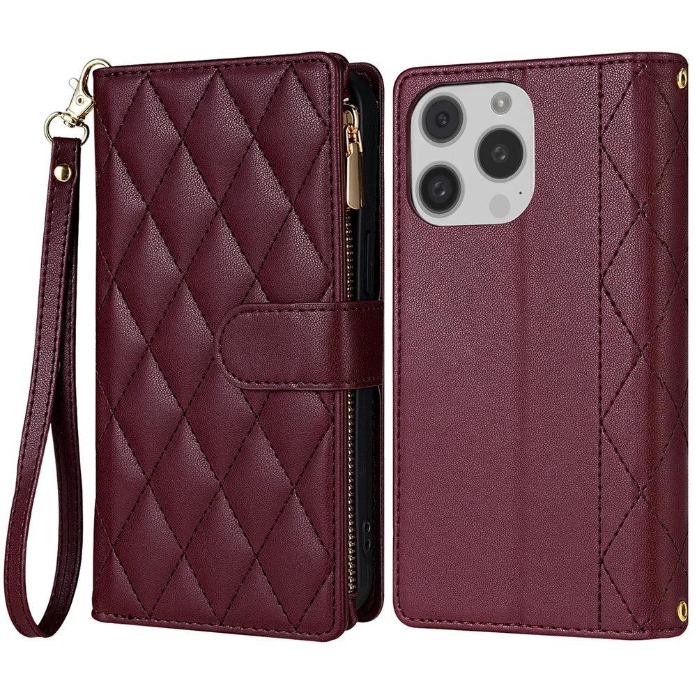 CSJ-P2 For iPhone 16 Pro Wallet Case Stitching Leather Phone Cover with Straps - Wine Red - 1