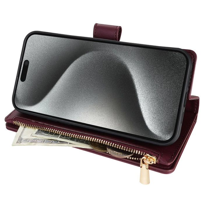 CSJ-P2 For iPhone 16 Pro Wallet Case Stitching Leather Phone Cover with Straps - Wine Red - 2