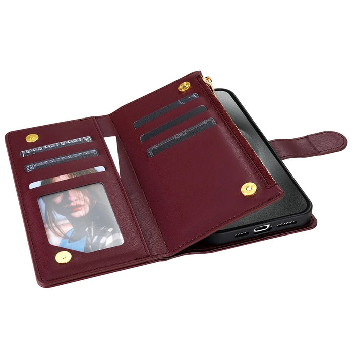 CSJ-P2 For iPhone 16 Pro Wallet Case Stitching Leather Phone Cover with Straps - Wine Red - 3