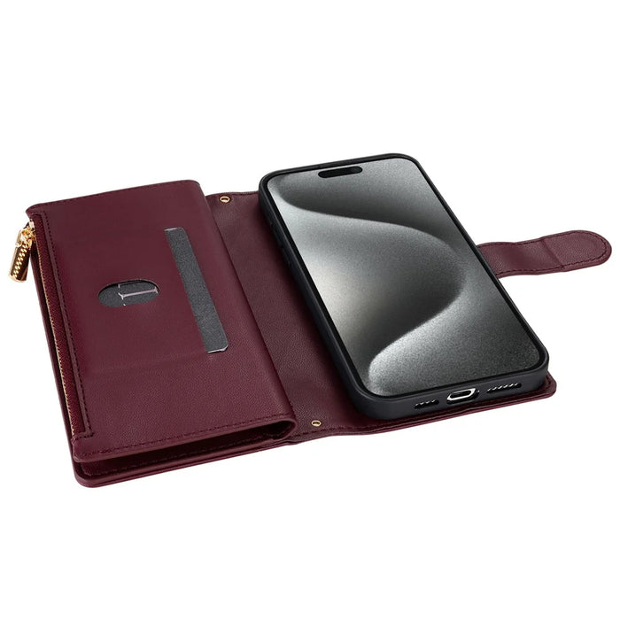 CSJ-P2 For iPhone 16 Pro Wallet Case Stitching Leather Phone Cover with Straps - Wine Red - 4