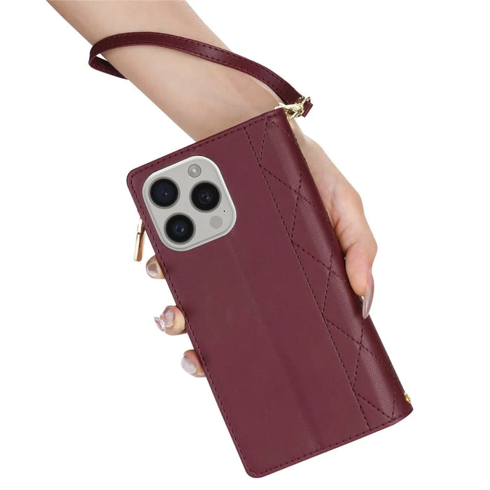 CSJ-P2 For iPhone 16 Pro Wallet Case Stitching Leather Phone Cover with Straps - Wine Red - 6