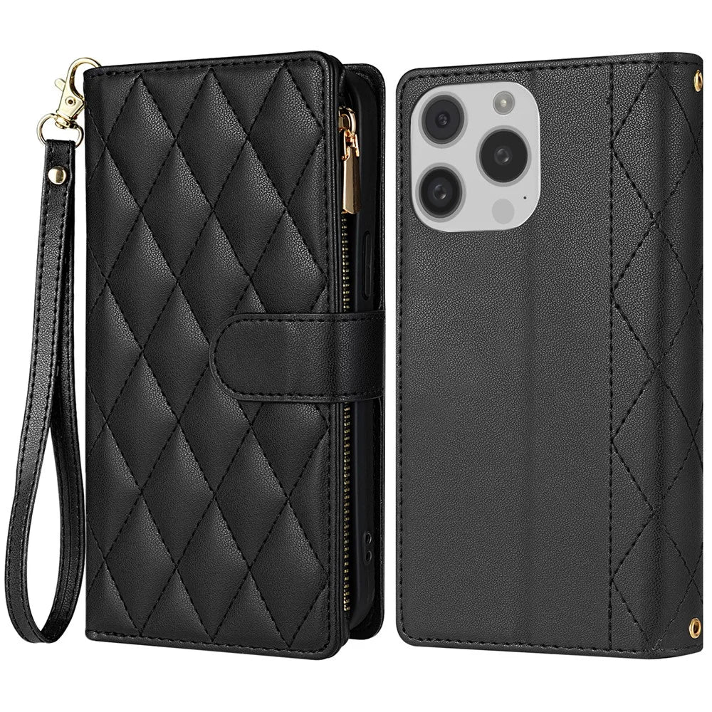 CSJ-P2 For iPhone 16 Pro Max Wallet Phone Case Stitching Leather Flip Cover with Straps - Black - 1
