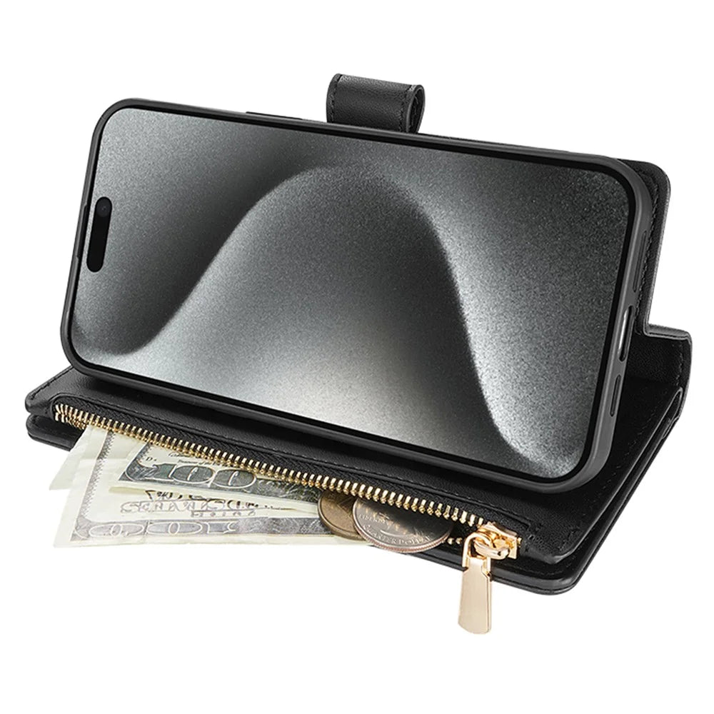 CSJ-P2 For iPhone 16 Pro Max Wallet Phone Case Stitching Leather Flip Cover with Straps - Black - 2