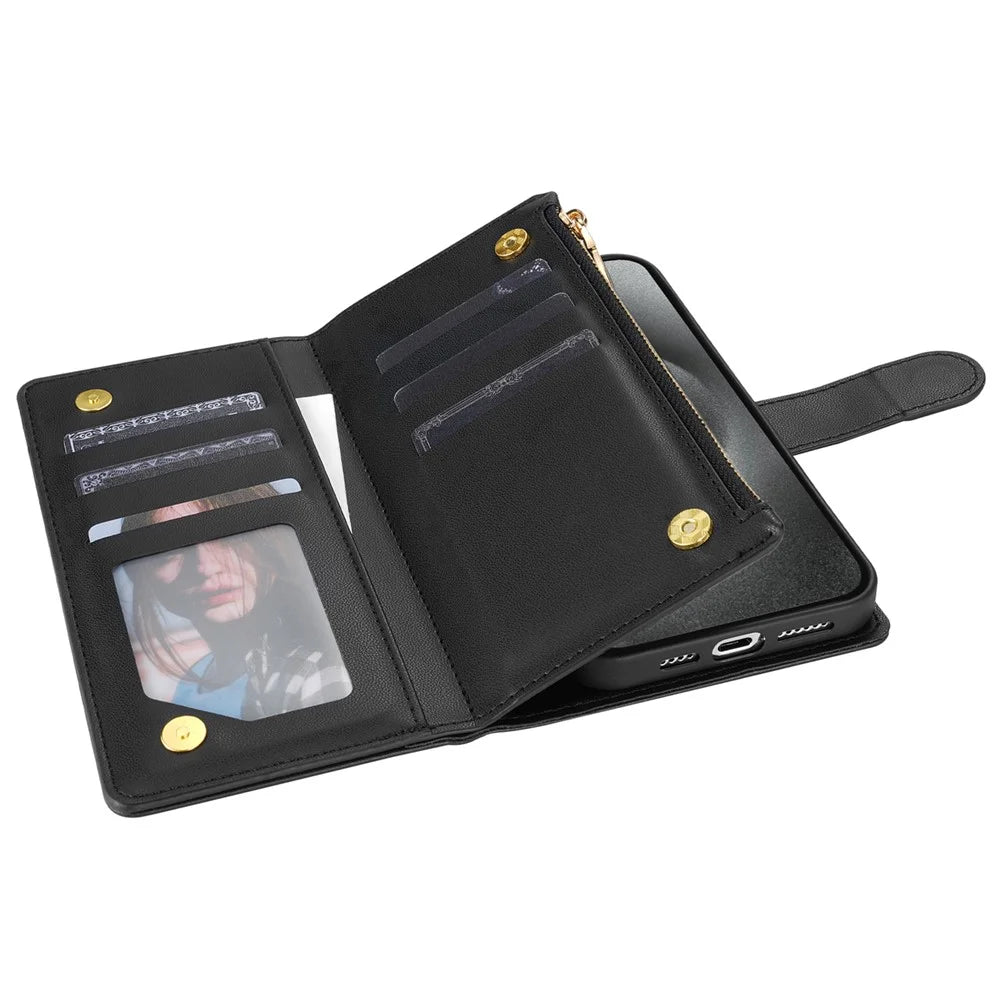 CSJ-P2 For iPhone 16 Pro Max Wallet Phone Case Stitching Leather Flip Cover with Straps - Black - 3