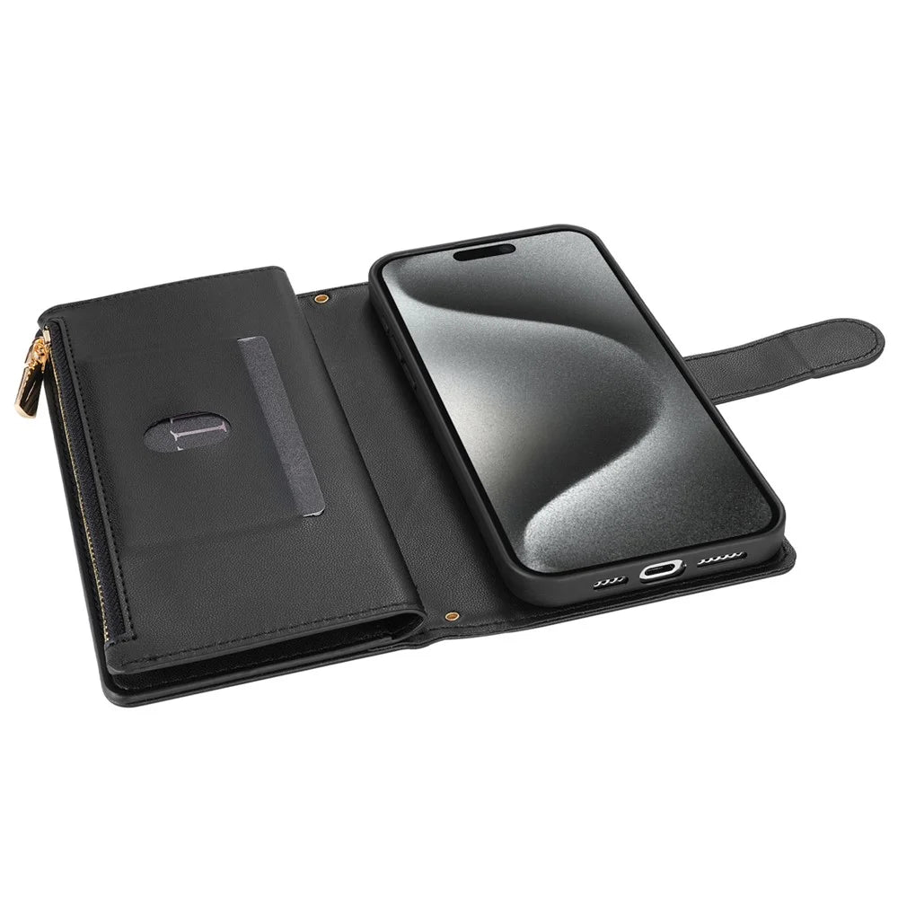 CSJ-P2 For iPhone 16 Pro Max Wallet Phone Case Stitching Leather Flip Cover with Straps - Black - 4