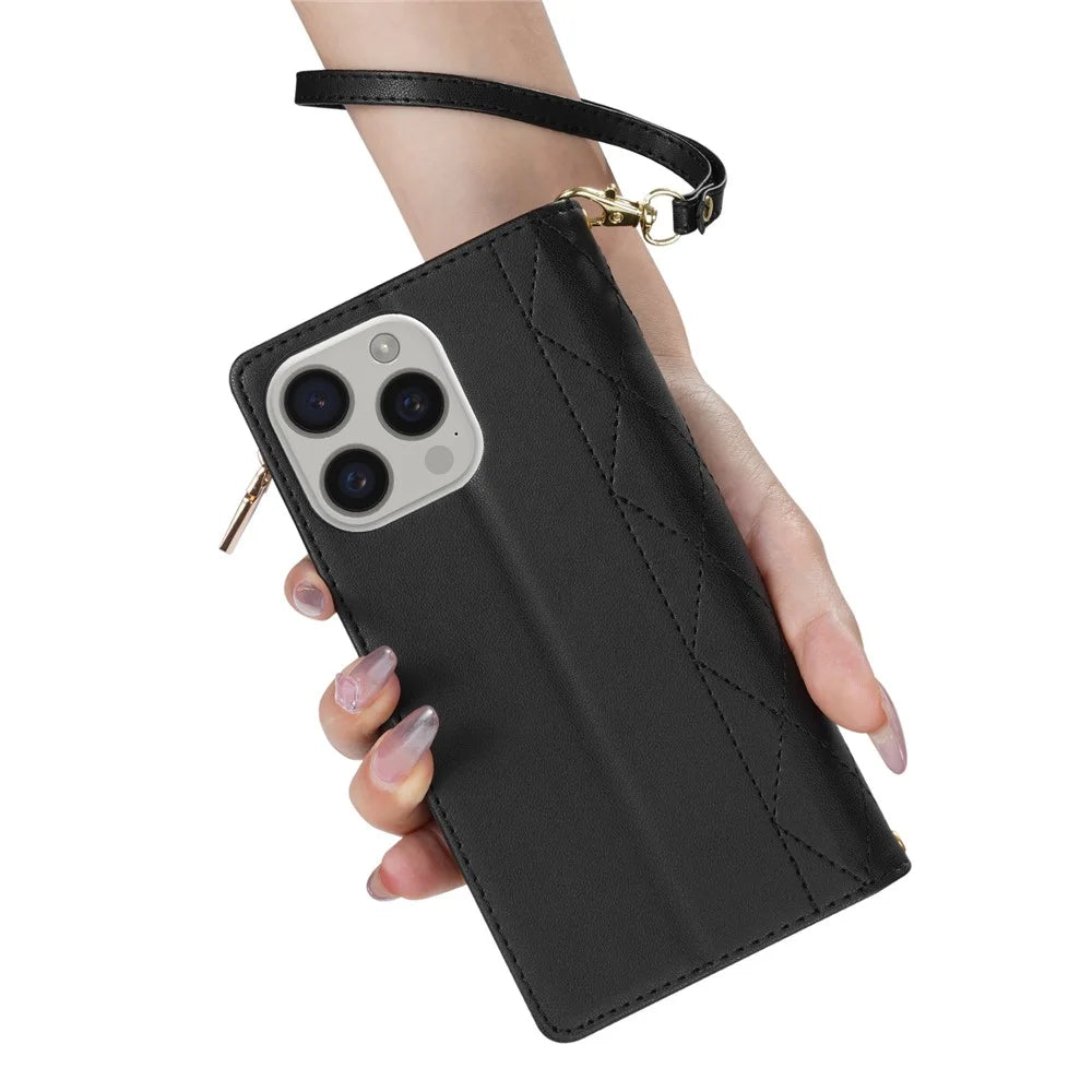 CSJ-P2 For iPhone 16 Pro Max Wallet Phone Case Stitching Leather Flip Cover with Straps - Black - 6