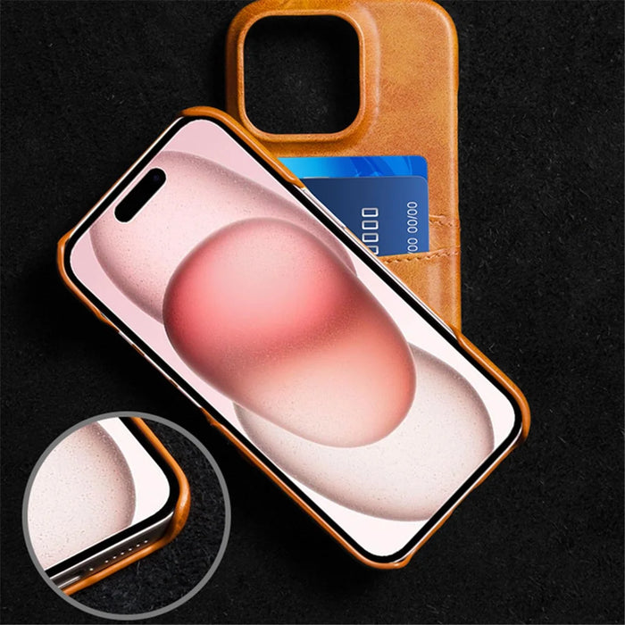 For iPhone 16 Pro Max Case Dual Card Slots Leather Coated PC Hard Phone Cover - Orange - 4