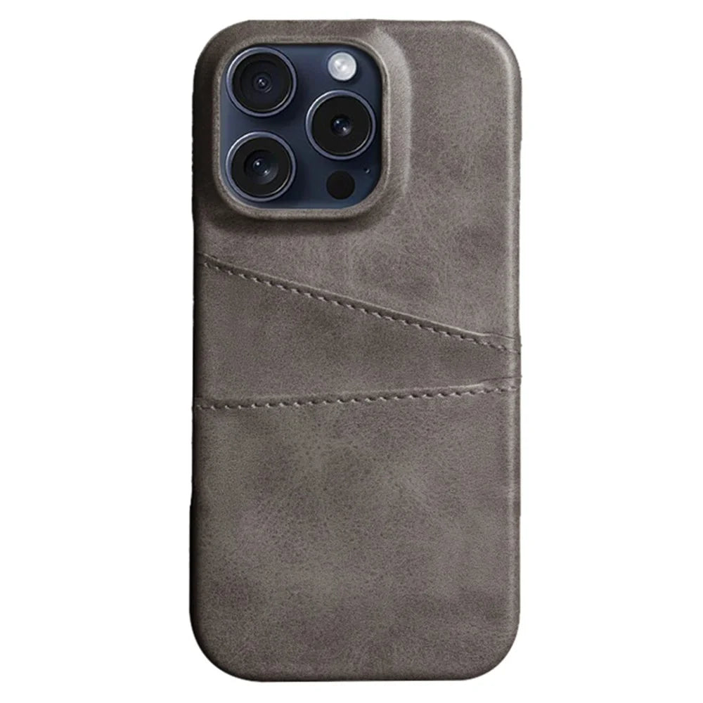 For iPhone 16 Pro Case Dual Card Slots PU Leather + Hard PC Phone Cover - Grey - 1