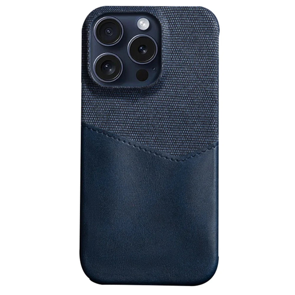 For iPhone 16 Pro Case PU Leather Card Slot Cloth Texture Hard PC Phone Cover - Blue - 1