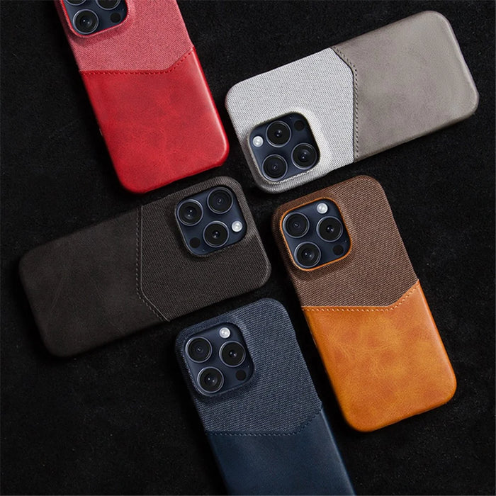 For iPhone 16 Pro Case PU Leather Card Slot Cloth Texture Hard PC Phone Cover - Blue - 7