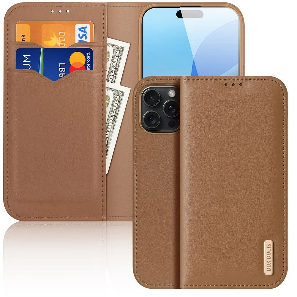 DUX DUCIS Hivo Series for iPhone 16 Pro Case Cowhide Leather Wallet Phone Cover Stand View - Brown - 1