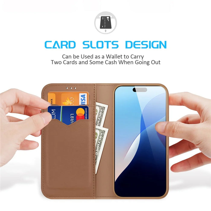 DUX DUCIS Hivo Series for iPhone 16 Pro Case Cowhide Leather Wallet Phone Cover Stand View - Brown - 2