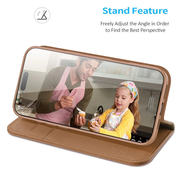 DUX DUCIS Hivo Series for iPhone 16 Pro Case Cowhide Leather Wallet Phone Cover Stand View - Brown - 3