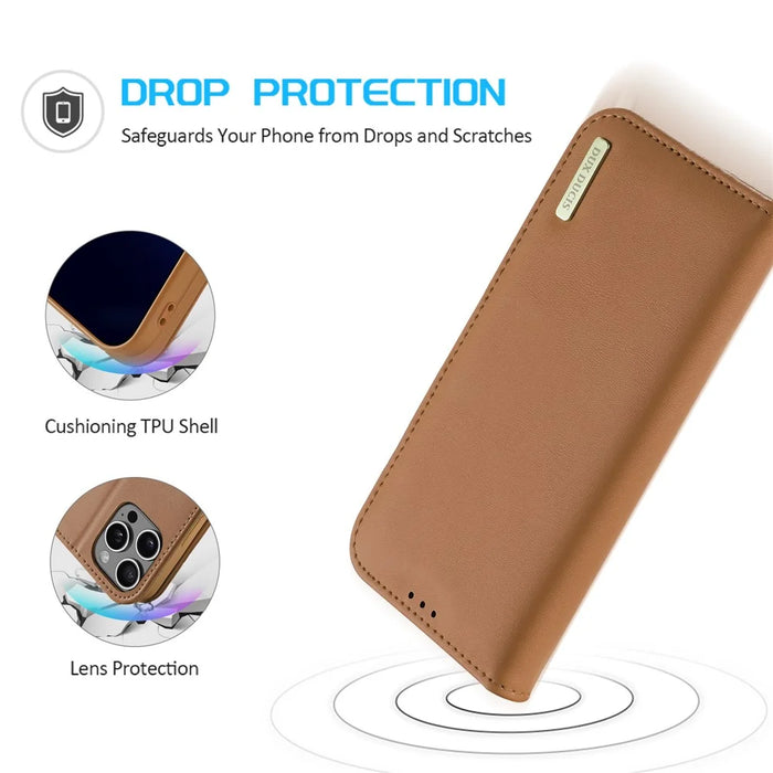 DUX DUCIS Hivo Series for iPhone 16 Pro Case Cowhide Leather Wallet Phone Cover Stand View - Brown - 5