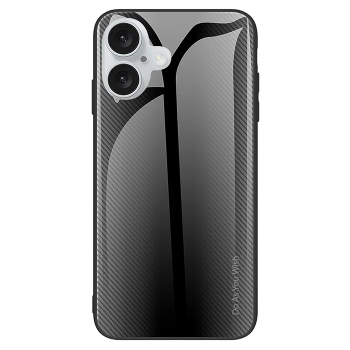 For iPhone 16 Plus Case Carbon Fiber Texture Tempered Glass+TPU Phone Cover - Black - 1