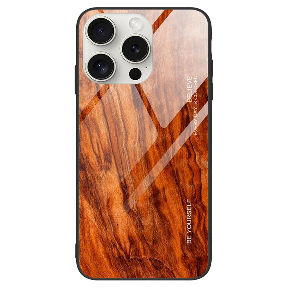 For iPhone 16 Pro Max Case TPU Frame Tempered Glass Back Phone Cover Wood Texture - Orange - 1