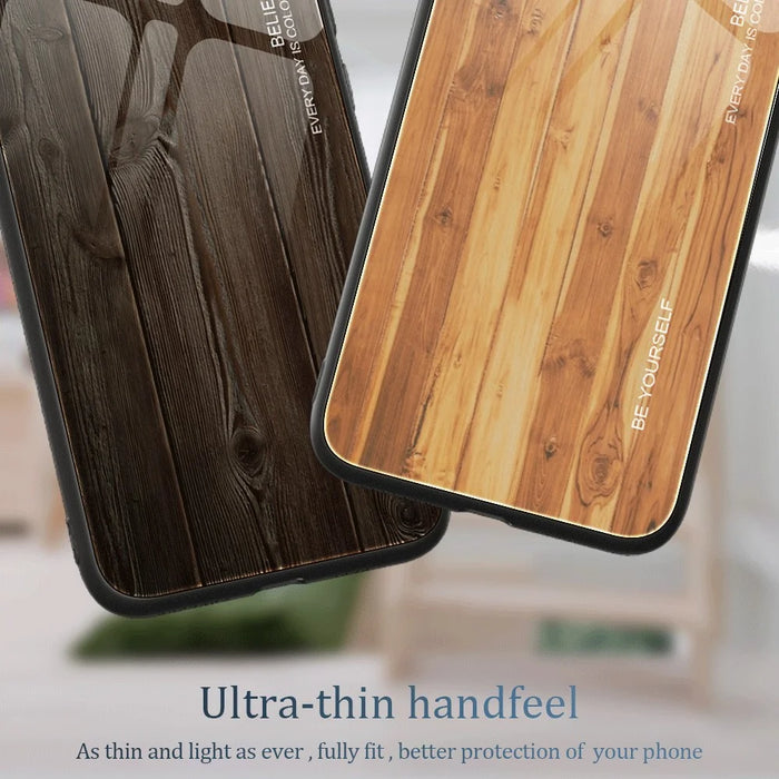 For iPhone 16 Pro Max Case TPU Frame Tempered Glass Back Phone Cover Wood Texture - Orange - 5