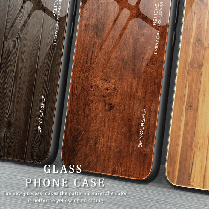 For iPhone 16 Pro Max Case TPU Frame Tempered Glass Back Phone Cover Wood Texture - Orange - 6
