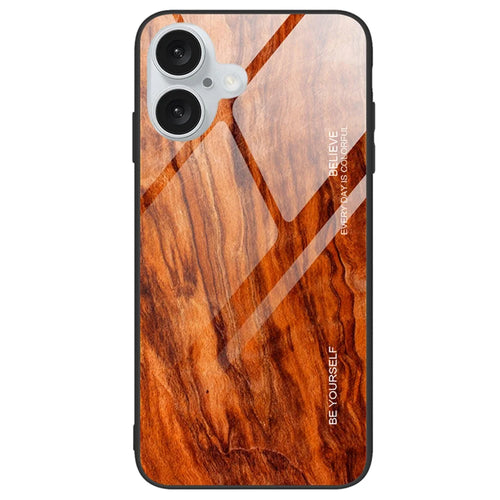 For iPhone 16 Case Wood Texture TPU+Tempered Glass Back Phone Cover - Orange - 1