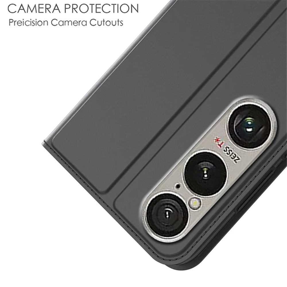 For Sony Xperia 1 VI Case Leather Folio Flip Cover Magnetic Closure - Black - 5