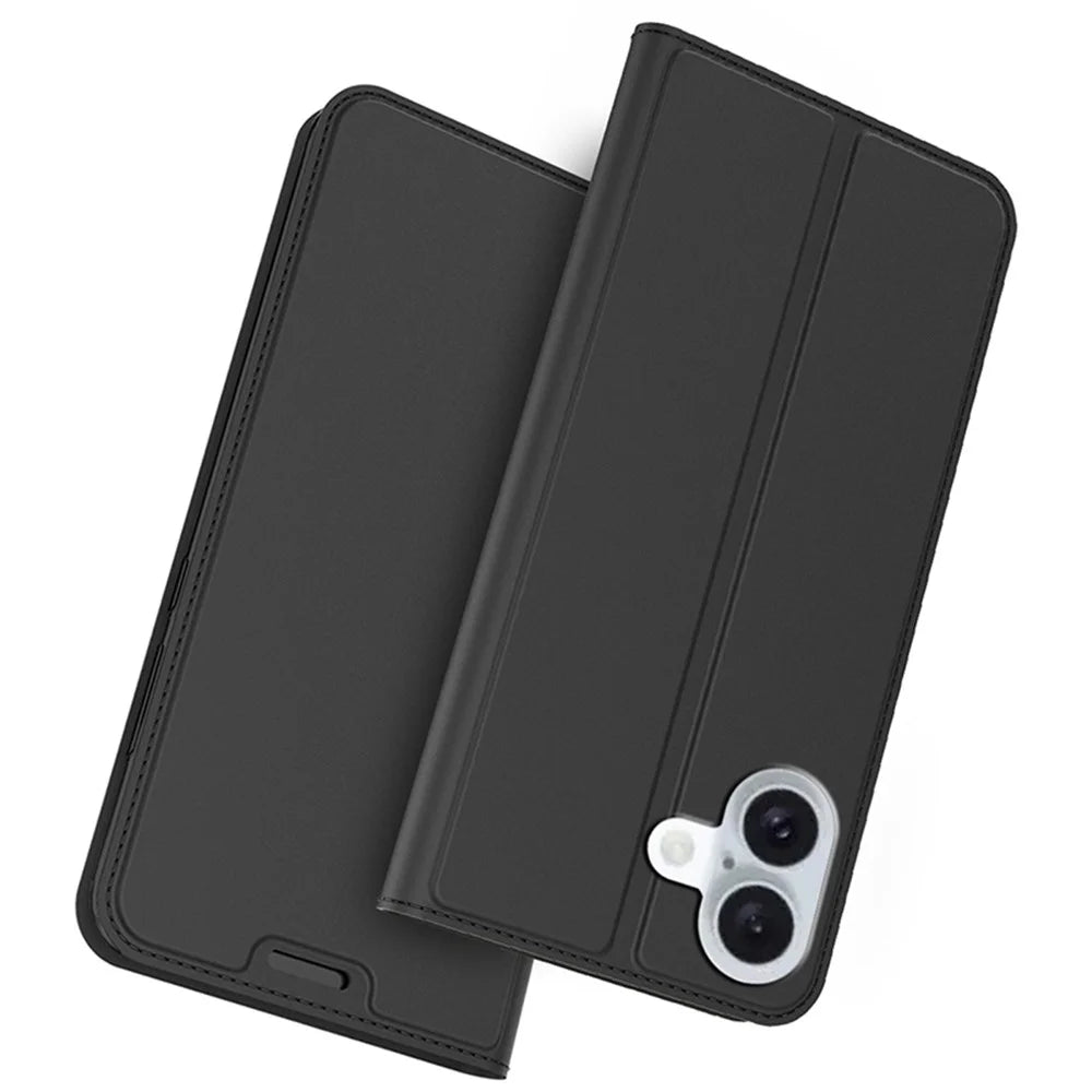 For iPhone 16 Plus Case Card Slot Stand Strong Magnetic Closure PU Leather Phone Cover - Black - 1