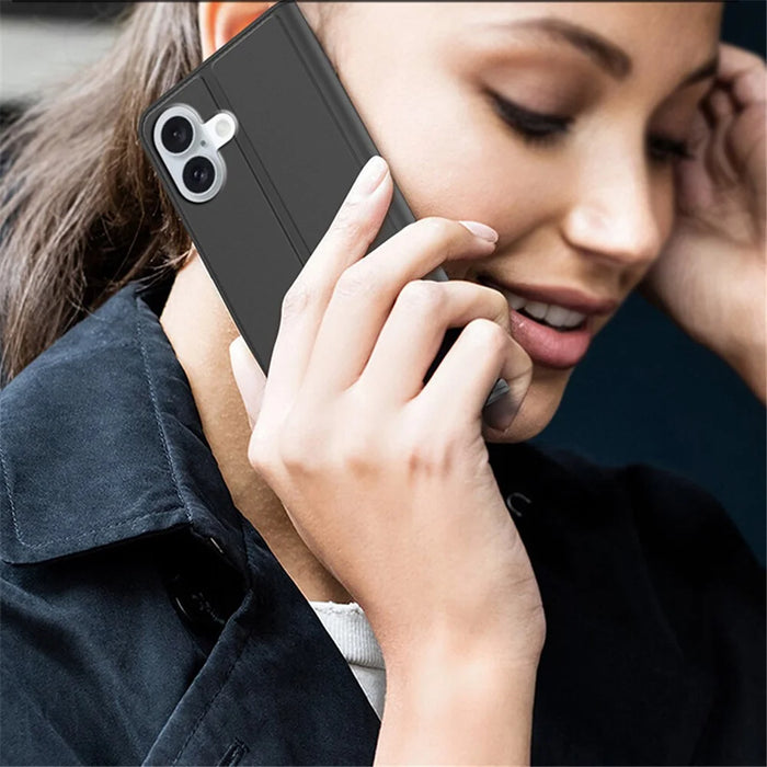 For iPhone 16 Plus Case Card Slot Stand Strong Magnetic Closure PU Leather Phone Cover - Black - 6