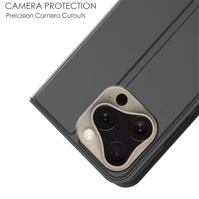 For iPhone 16 Pro Case Card Holder Stand Shockproof TPU PU Leather Phone Cover - Black - 5