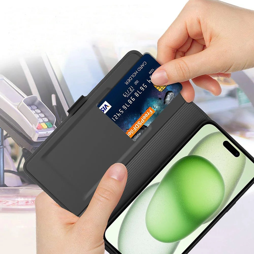 For iPhone 16 Case Card Holder PU Leather Full Protection Phone Cover - Black - 4