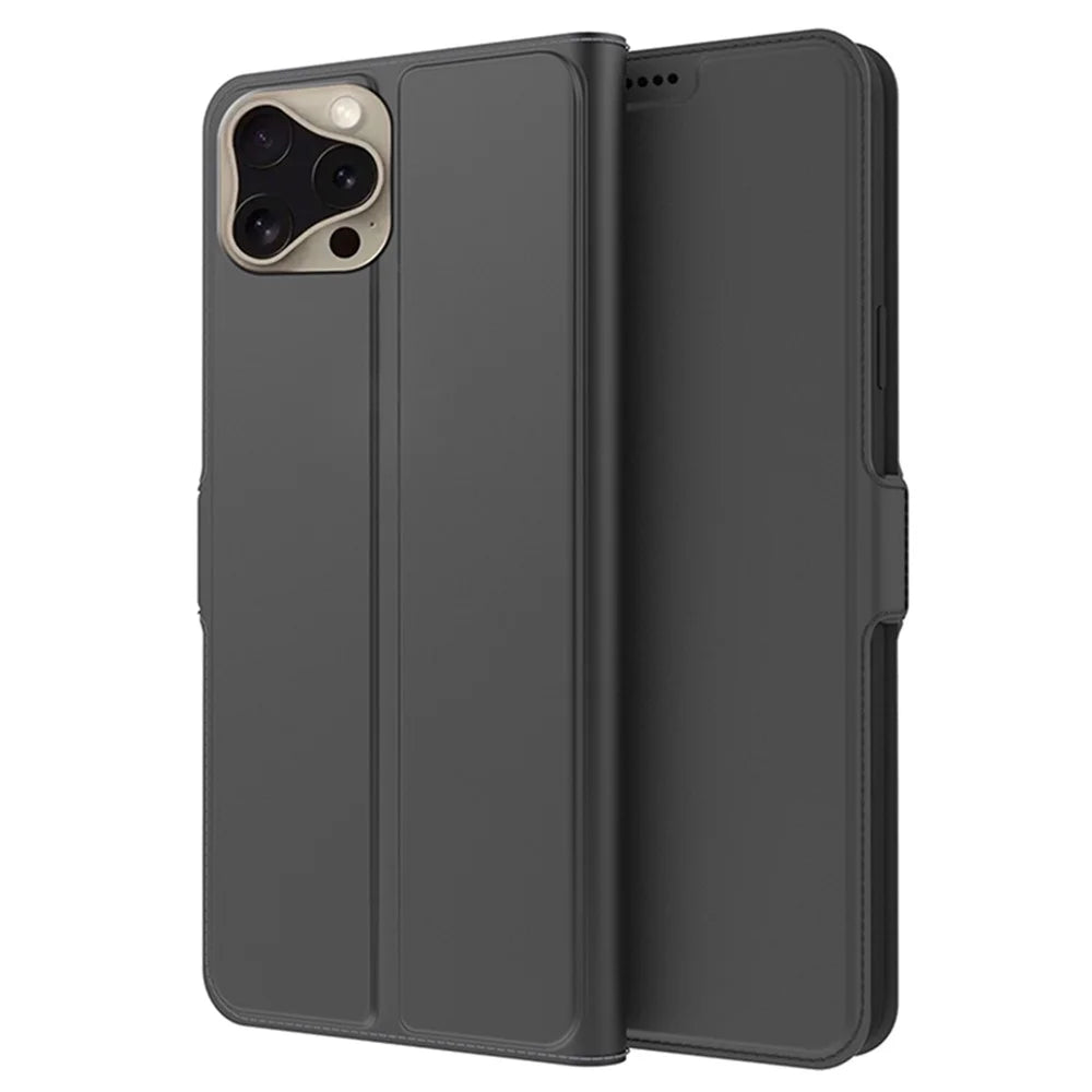 For iPhone 16 Pro Case PU Leather Phone Cover Card Slot Stand Magnetic Clasp - Black - 1