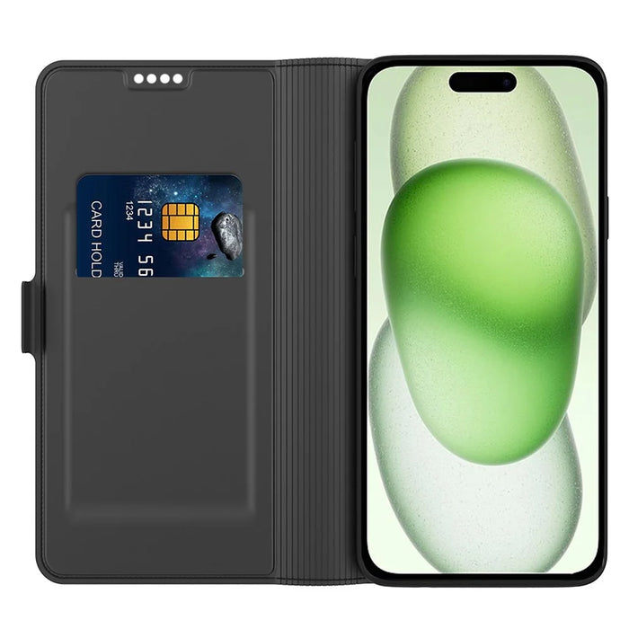 For iPhone 16 Pro Case PU Leather Phone Cover Card Slot Stand Magnetic Clasp - Black - 2