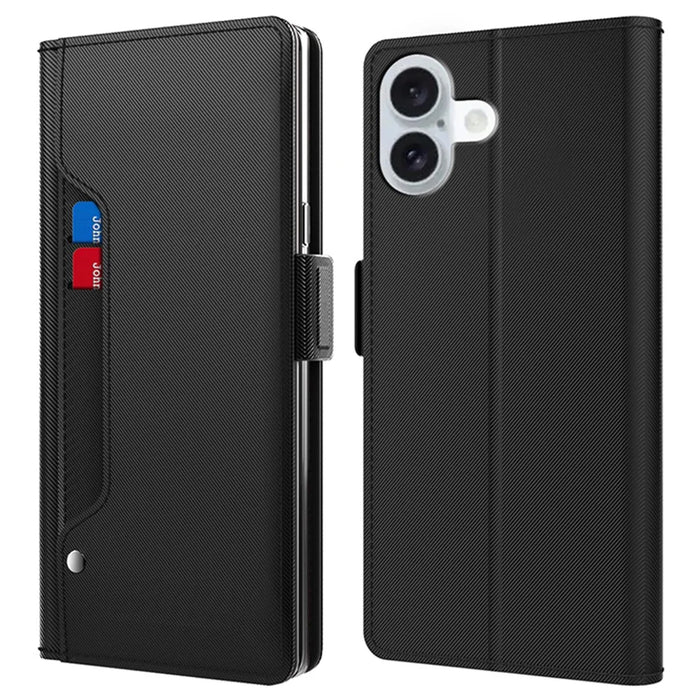 For iPhone 16 Case PU Leather Mirror Flip Phone Cover Card Holder - Black - 1
