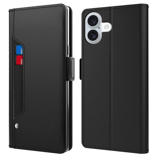 For iPhone 16 Plus Case Magnetic Clasp Protect PU Leather Mirror Phone Cover - Black - 1
